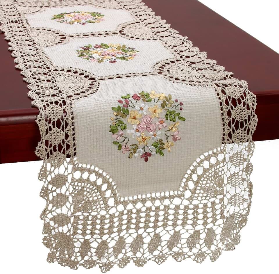 Grelucgo Small Handmade Beige Crochet Cotton Lace Table Runner Dresser Scarf, Ribbon Embroidery, Rectangle 16 x 45 Inches