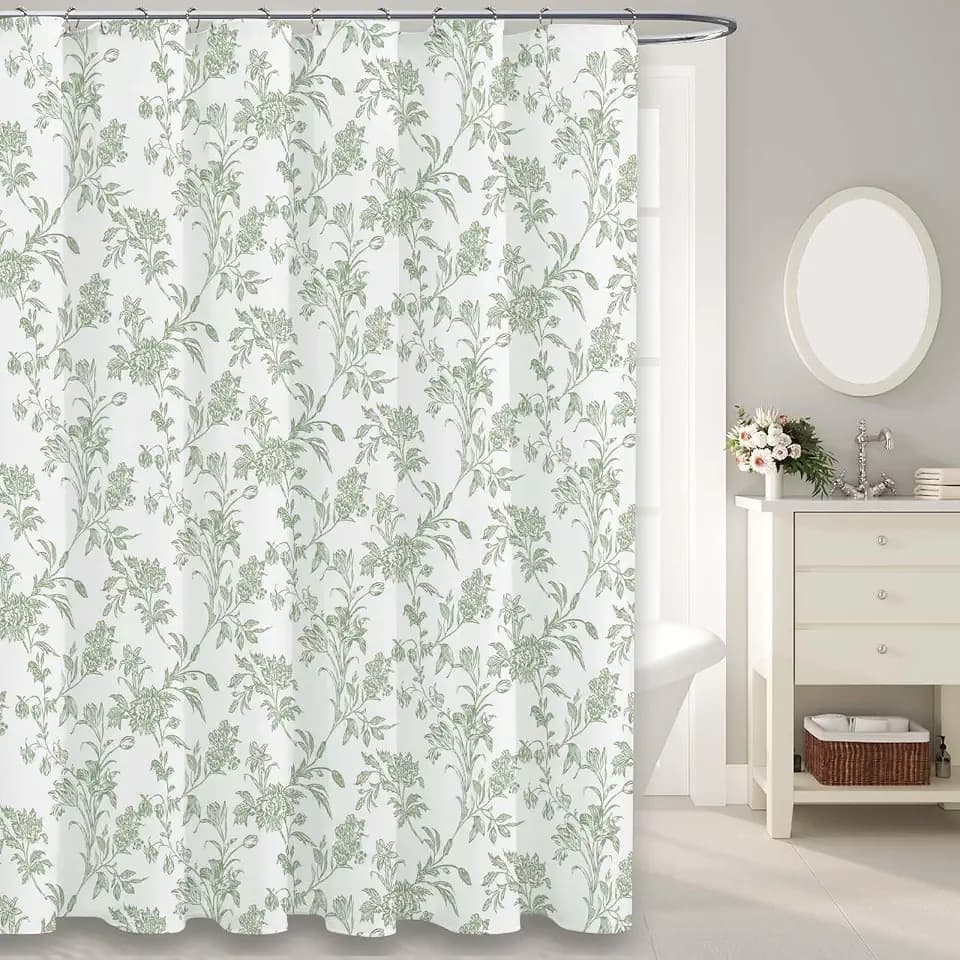 WOUVMA Green and White Floral Shower Curtain Cottagecore 75" Long