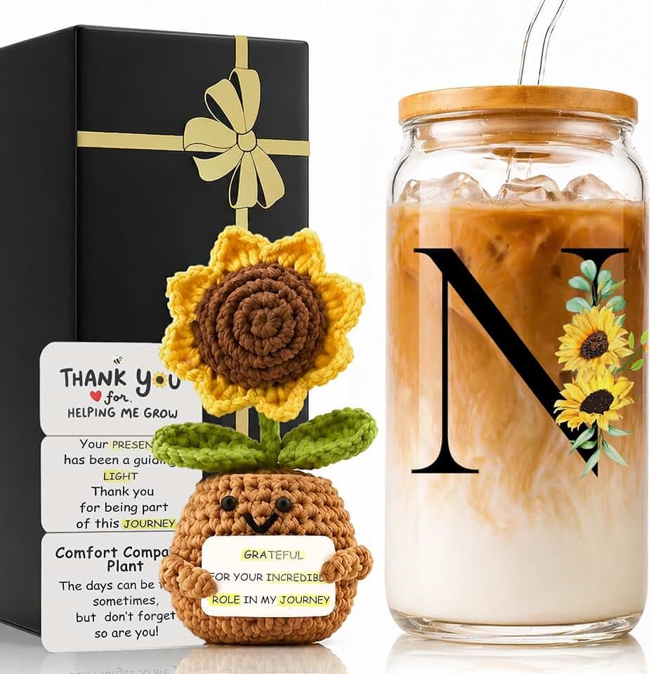 2 in 1 Personalized Glass Drinking Cup and Sunflower Emotional Support Crochet for Best Friend Friendship Cute Happy Gift Birthday Ideal Sister Funny Close Bff Stuff Bestie Soul Christmas Xmas Women N