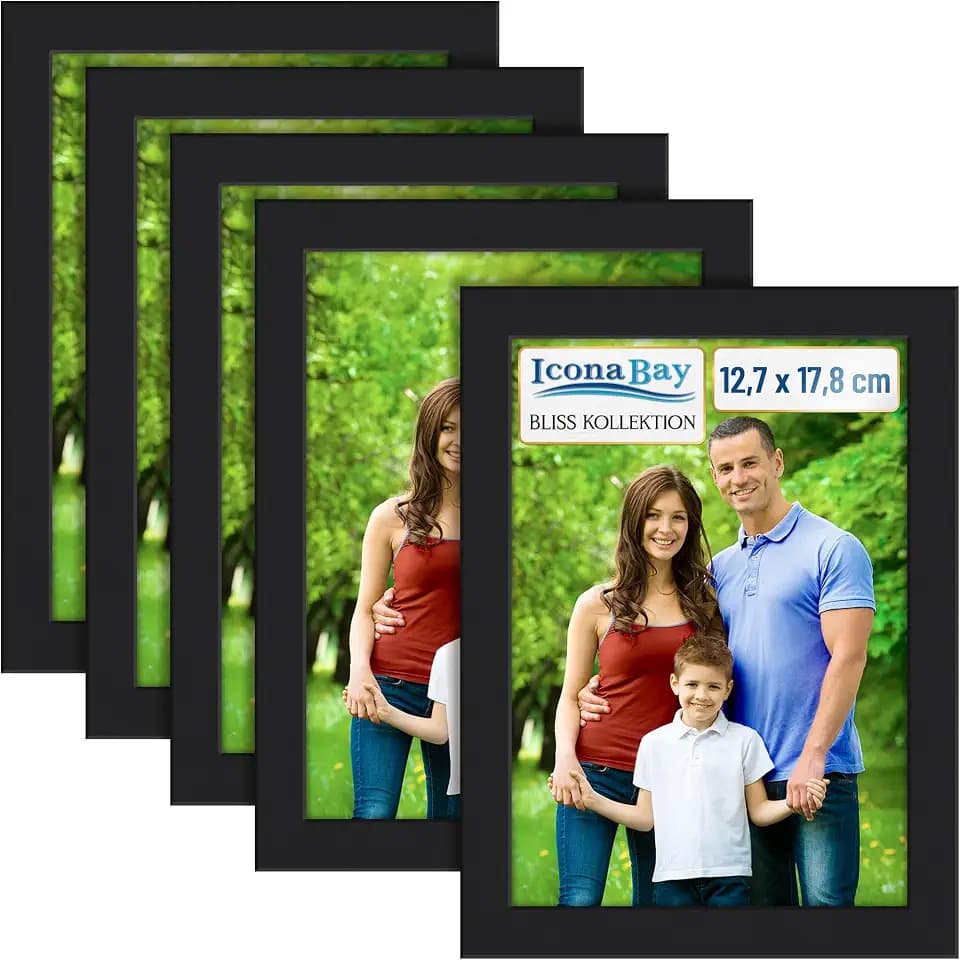 Icona Bay - 5x7 Picture Frames - Black, 5 Pack - Modern Style Engineered Wood Frames - Table Top or Wall Mount - Bliss Collection