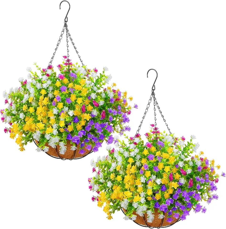 2 Set Artificial Outdoor Flowers with Hanging Basket, Outside Decor
