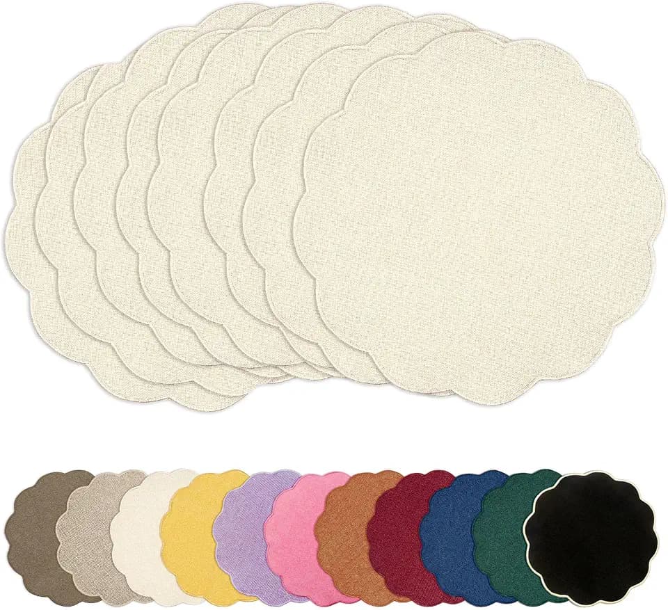 AHHFSMEI Round Scalloped Placemats Set of 8 15 Inch Faux Linen