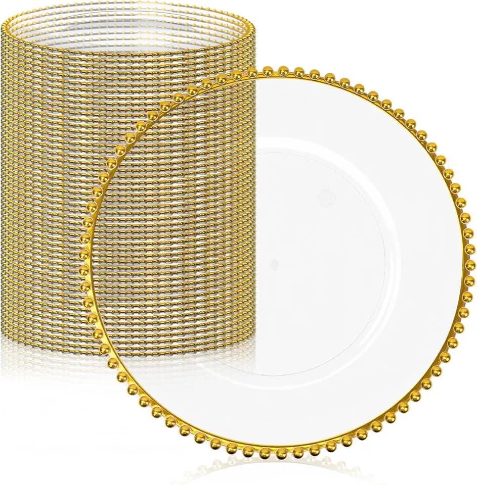 MAONAME Clear Charger Plates Bulk 50, Round Plate Chargers with Gold Rim