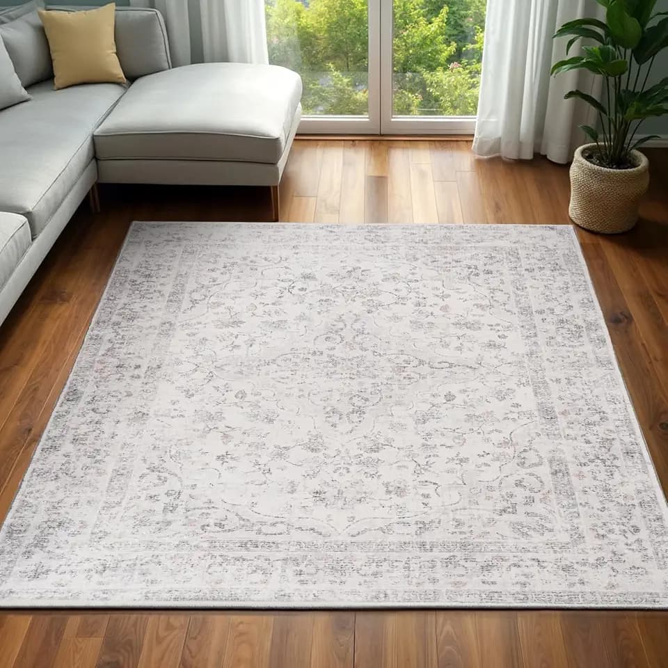 CRYPTOLITE Area Rug – 6x9 Washable Ultra-Soft Vintage Boho Faux Wool Carpet for Living Room, Dining Room, Bedroom, Home Office (Grey)