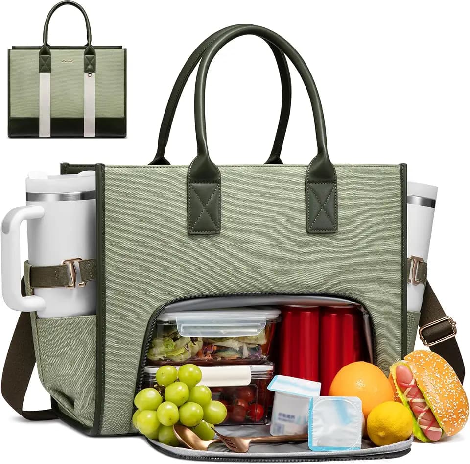 LOVEVOOK Work Tote Bag with Lunch Compartment with Giant Tumbler Holder,15.6 Inch Waterproof 3 in 1 Lunch Bag Women Men Laptop Bag Purse Tote with Padded Sleeve for Teacher,Nurse,College,Travel,Office