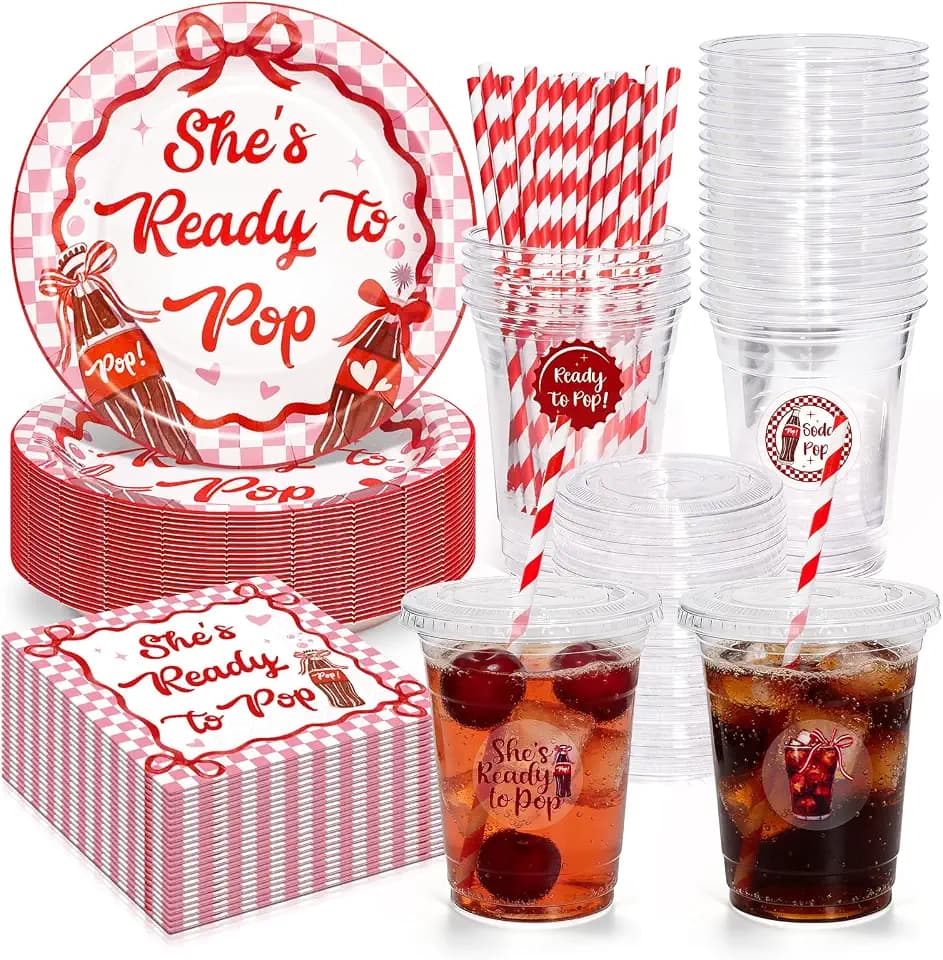 Shes Ready to Pop Baby Shower Decorations, 120pcs Retro Soda Party Decor include 16 oz Disposable Cups with Lid and Straws Plates Napkins for Gender Reveal Pregnancy Newborn Party Supplies- Serve 24
