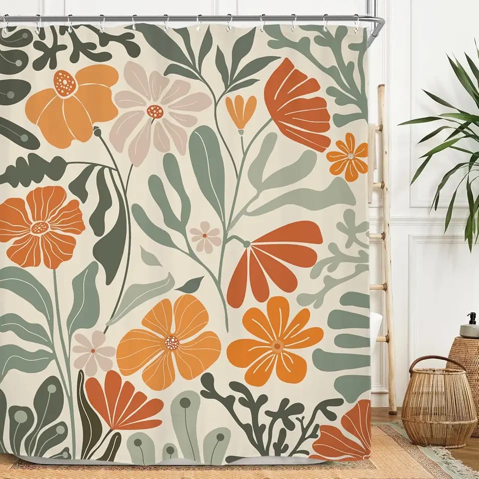 Miyotaa Retro Flower Sage Green Orange Shower Curtain Set 60Wx71H Inches Matisse Groovy 70s Funky Trendy Aesthetic Polyester Waterproof Bathroom Curtain with 12 Hooks