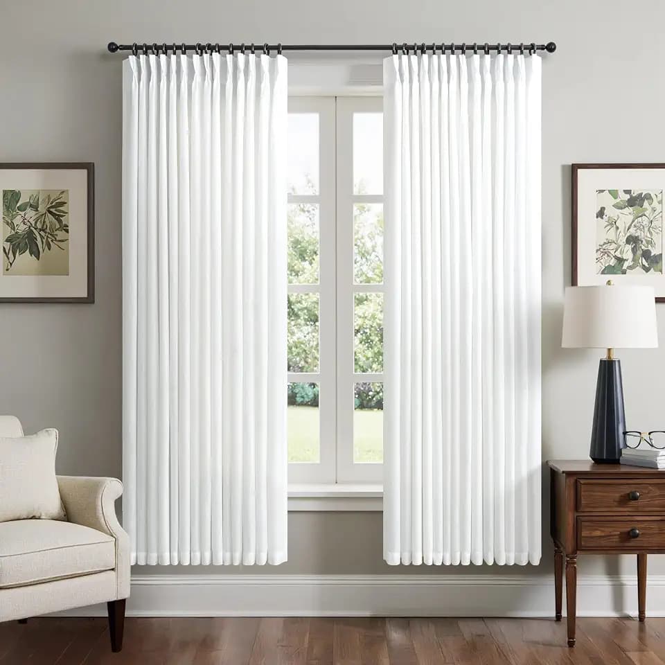 White Linen Pinch Pleat Curtains 72 Inch Length for Living Room Dining Back Tab Neutral Rustic Country Decor Ruffle Pleated Drapes Hooks Rings Solid Sheer Curtain 72 Inches Long for Bedroom Office