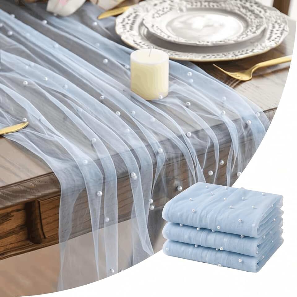 Artoid Mode 3PCS Pearl Blue Gauze Table Runner 120 Inch 10FT, Seasonal Sheer Dining Holiday Wedding Birthday Baby Shower Table Decor for Home Party