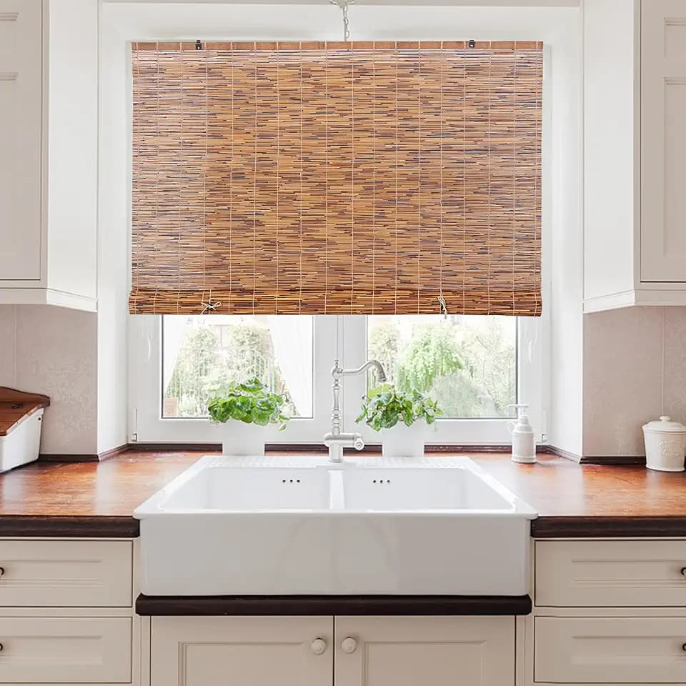 Forever Bamboo Light-Filtering Cord-Free Bamboo Reed Roll-Up Blind Shades for Windows Manual Roman Blinds Coffee 48 in W x 72 in H