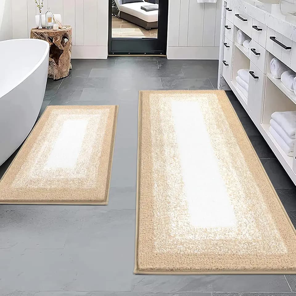 Bsmathom Bathroom Rug Sets 2 Piece, Non Slip Washable Bath Mats, Beige