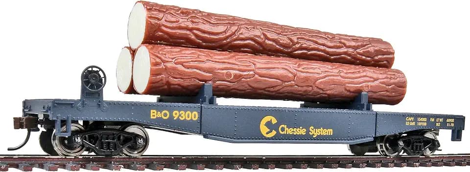 Walthers Trainline Log Dump Car with 3 Logs-Ready to Run-Chessie-Baltimore & Ohio 9300 (Blue, Yellow) 931-1772 HO Scale Model Railroad - Freight Model