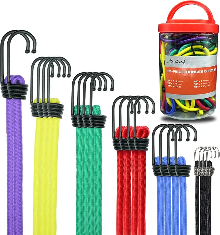 22 Piece Premium Bungee Cords Assortment Jar with Various Sizes Rope : 10", 18", 24", 30", 36", 48" for Camping Usage, Multifunctional, Waterproof, UV Protection, Organizing, Securing.