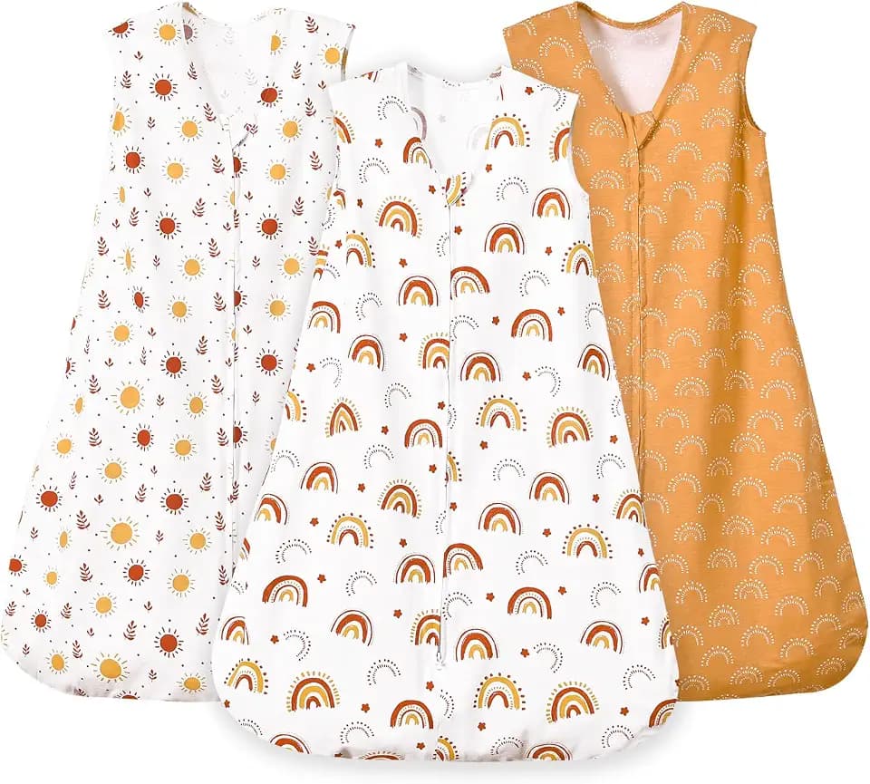 PHF 100% Organic Cotton Baby Sleep Sack 0-6 Months, Soft Lightweight Wearable Blanket for Babies, 2-Way Zipper 0.3 TOG Comfy Toddler Sleeping Sack 3 Pack for Boys Girls Neutral, Rainbow (Small)