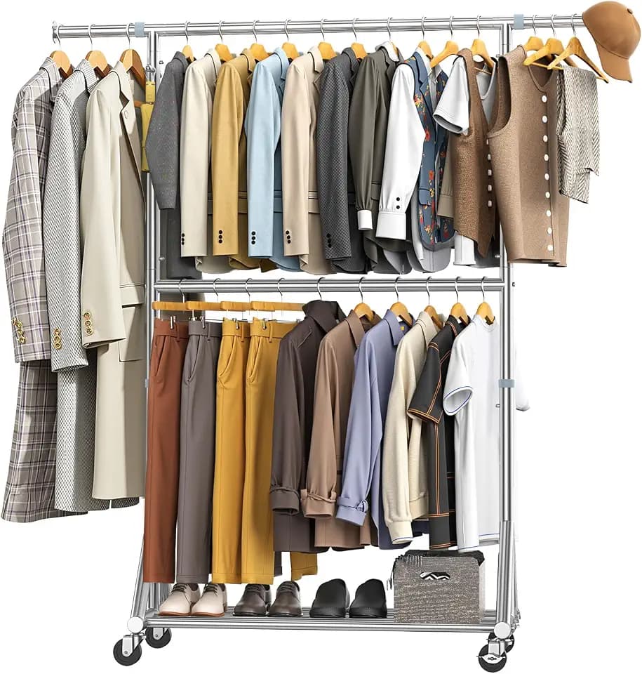 Steel Heavy Duty Tall Clothes Rack Load 860LBS, 73-81"H x 17"D x 42-63"W, Adjustable Two Tier Clothing Rack for Hanging Clothes, Rolling Garment Rack With Sturdy Wheels, Commercial Closet Coat Rack