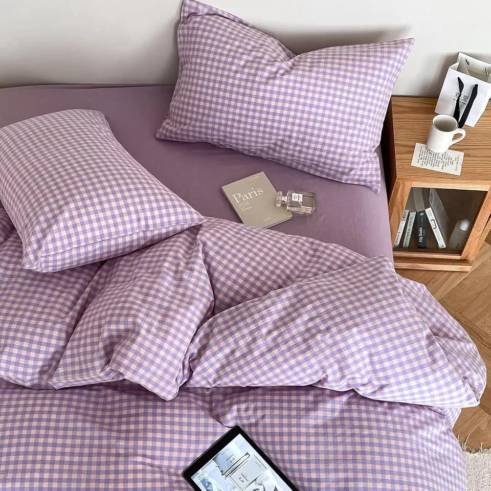 mixinni Purple Gingham Comforter Set Twin XL, Plaid Comforter Set 3 Pieces 1 Purple Grid Comfoter with 2 Pillow Cases for All Seasons, Soft Fluffy Modern Grid Pattern Printed Bedding-Twin XL Size