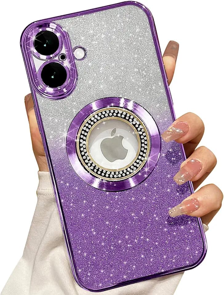 Misscase for iPhone 16 Magnetic Glitter Case Compatible with MagSafe,Full Protection Slim Shockproof Anti-Scratch Case with Camera Lens Protector Logo View Dust-Proof Net for Women Purple