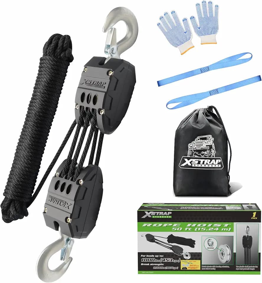 XSTRAP STANDARD 50FT Rope Hoist Pulley Block & Tackle 5:1 System, Black