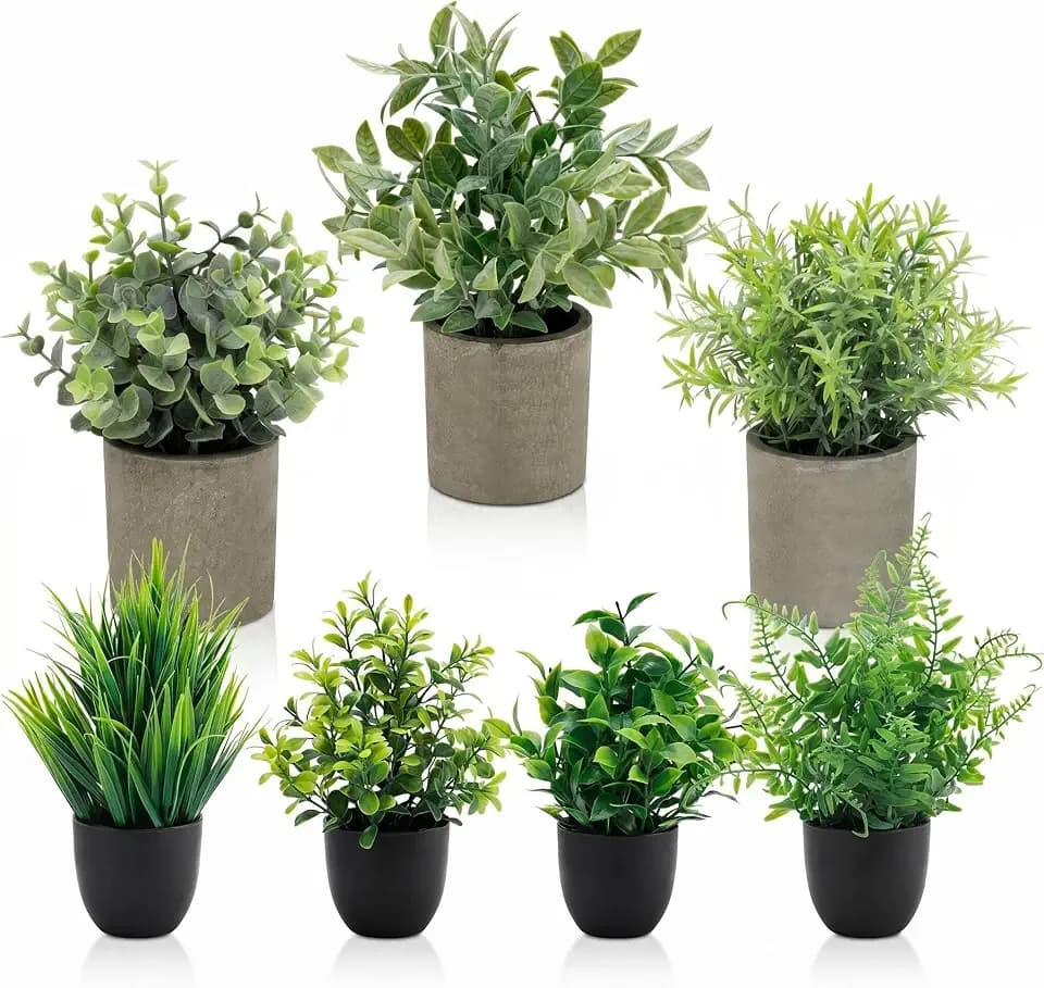 AUUGUU Artificial Potted Plants Faux Greenery in Cement Pots for Shelf, Bookshelf, Office or Home Decor, Small Decorative Fake Plants for Modern Indoor Display