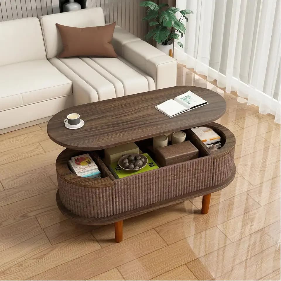 Fluted Lift Top Coffee Table with Storage, Modern Wooden Center Table, Contemporary Oval Lift Tabletop for Home Living Room Office, Pop Up Coffee Table, Walnut