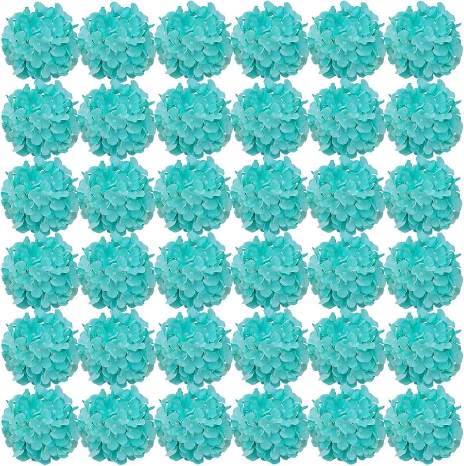 FagusHome Silk Hydrangea Heads 36 Pcs Artificial Flowers Heads and 3 Dozens Stems Fake Hydrangea Flowers with Stems for Home Wedding Decor (Fluorescence BLue)