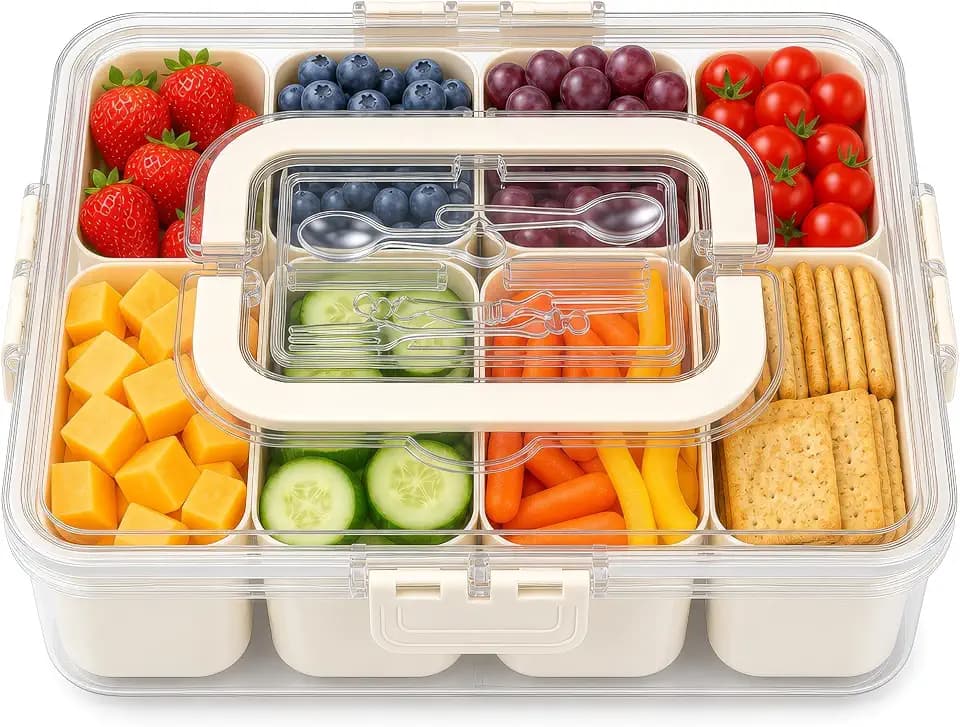 Snackle Box Container with BPA-Free 8 Compartment Divided Serving Tray with Lid & Handle, Snack Box Container & Snack Tackle Box | Portable snacklebox & Tackle Box Organizer
