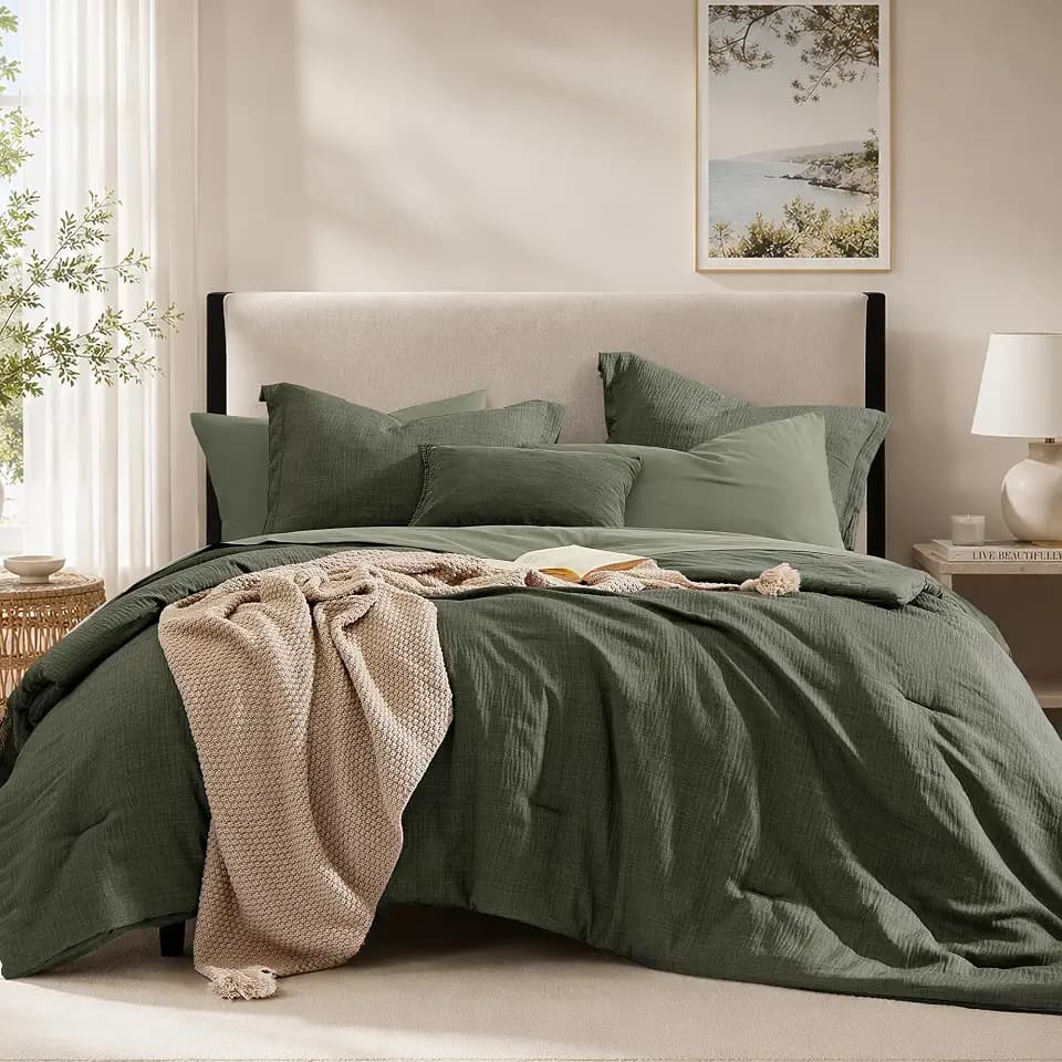 Oversized Queen Comforter Set - 7 Pieces Green Textured Queen Bedding Sets