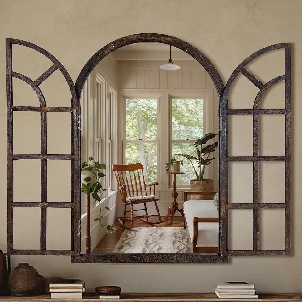 AMOISE Arched Wall Mirror with Wood Window Pane Frame, 24 x 36 Inch, Brown