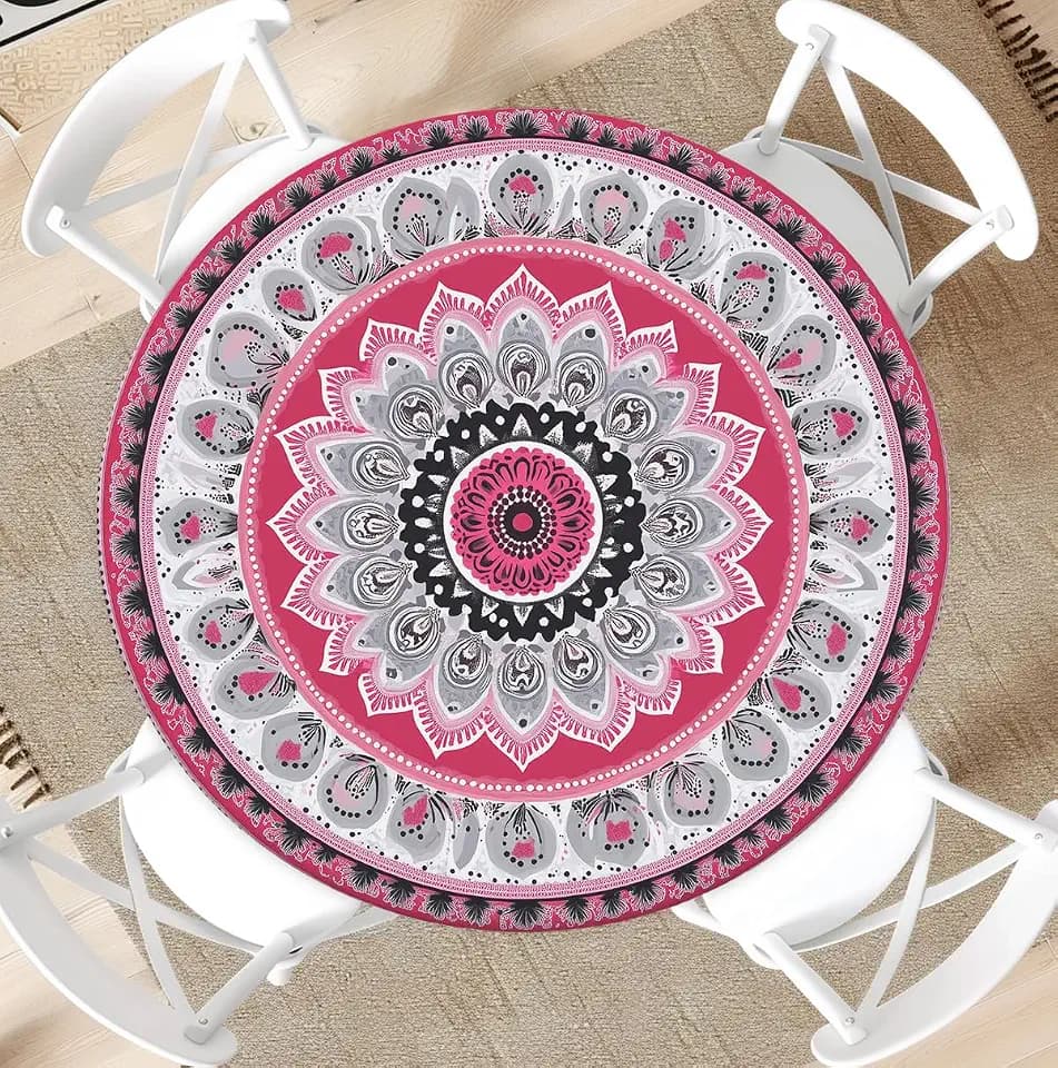 Waterproof Tablecloth with Elastic Tablecloth for Round Tables 36"-70" for Indoor Outdoor Patio Use, 36Inch, Pink and Grey Ethnic Folk Style