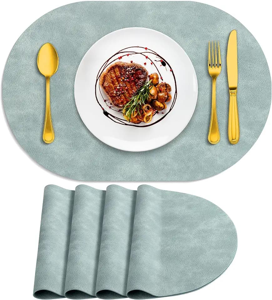 ADRIMER Oval Placemats Set of 4, Wipeable Faux Leather, Light Blue