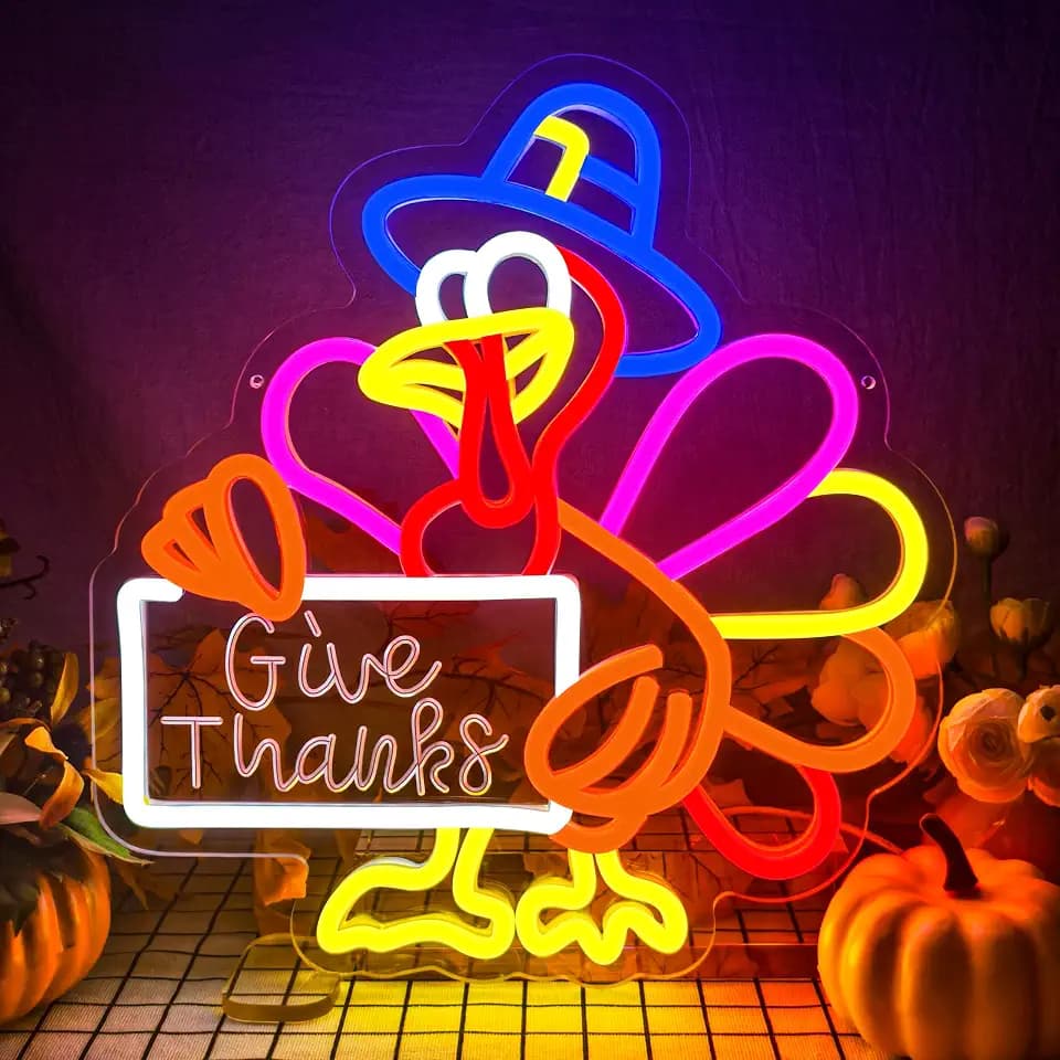 Thanksgiving Neon Sign Thanksgiving Turkey Neon Sign Dimmable Turkey Neon Light for Wall Decor Give Thanks Sign for Home Bar Front Door Thanksgiving Decorations
