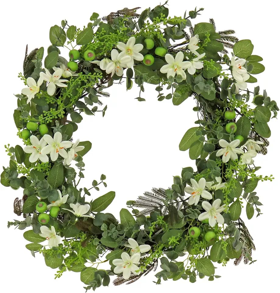 National Tree Company 24 inch Artificial Spring Wreath with Mixed Flower Blooms and Flowing Green Stems, Realistic Floral Decoration for Front Door or Indoor Décor