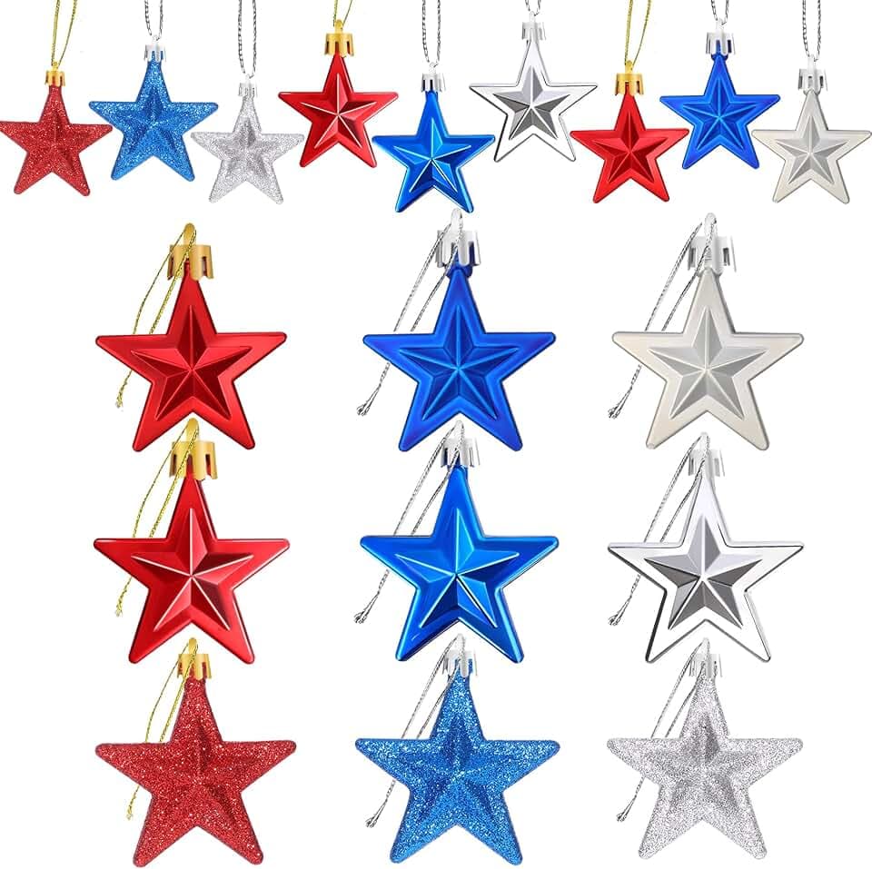 JULMELON 36 Pcs Patriotic Star Ornaments Red Blue Silver Hanging Decor