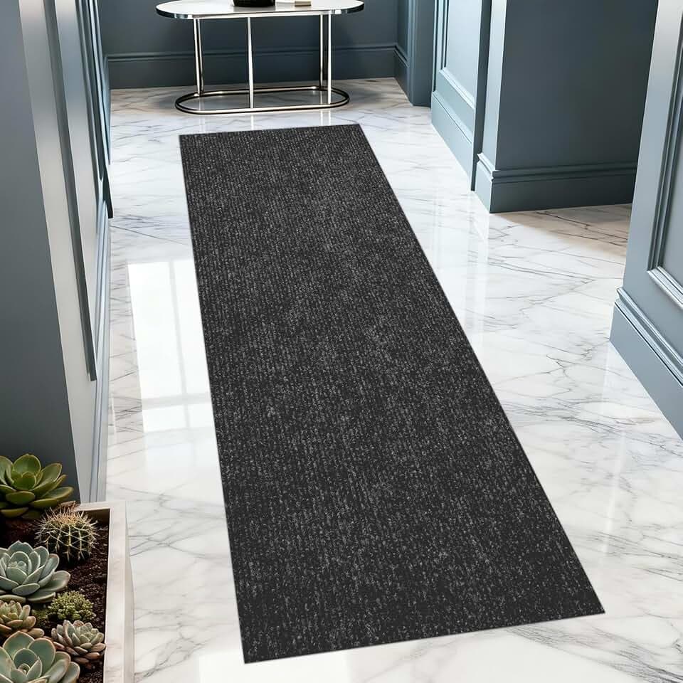 2x10 ft Outdoor Runner Rug, Non-Slip Indoor Outdoor Carpet Runner with TPR Backing, Waterproof Mat for Hallway, Kitchen, Patio, Garage, Deck, Entryway, Black Fine Stripes