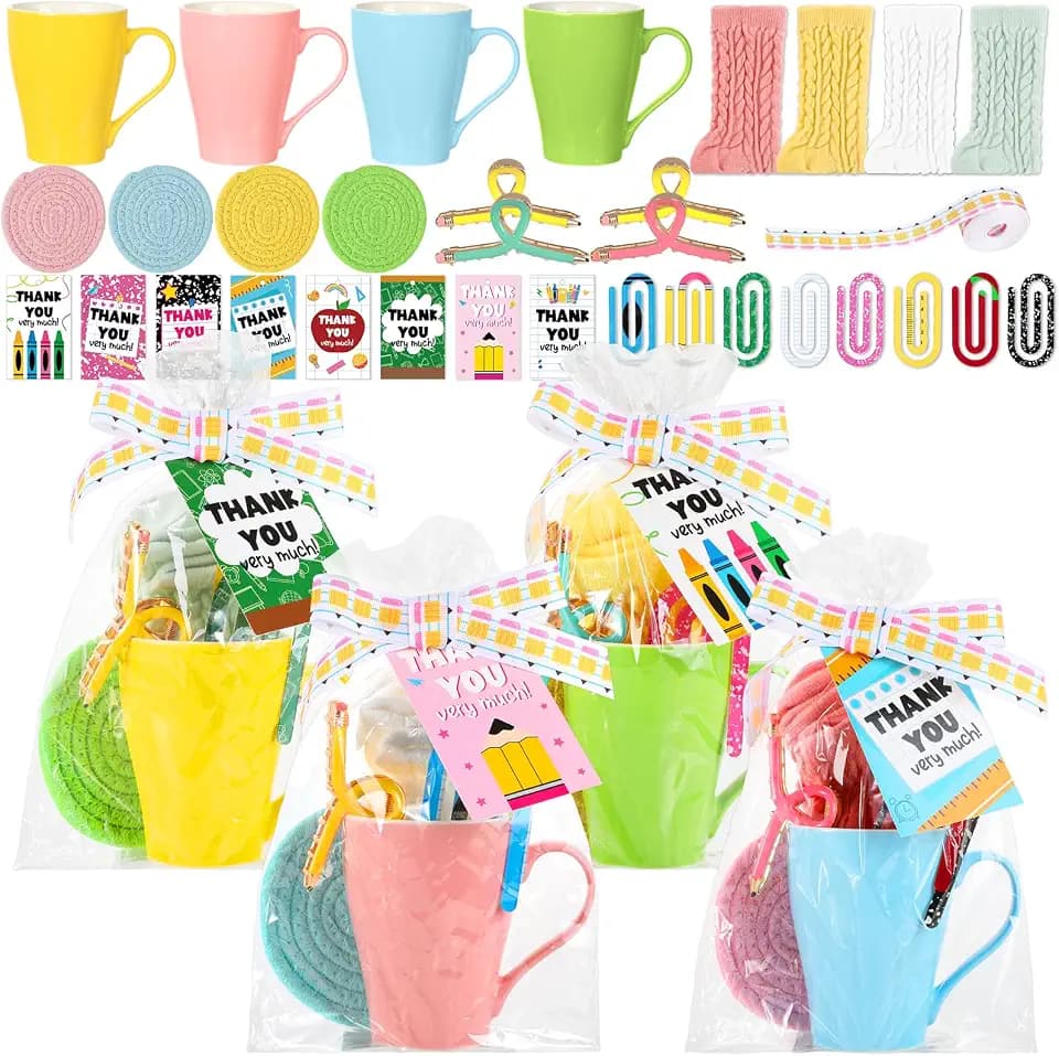 4 Sets Teacher Appreciation Gifts for Women, Back to School Thank You Gift Include Pastel Ceramic Coffee Mugs Coasters Socks for Employee Coworkers Teacher's Day Birthday Thanksgiving Ideas