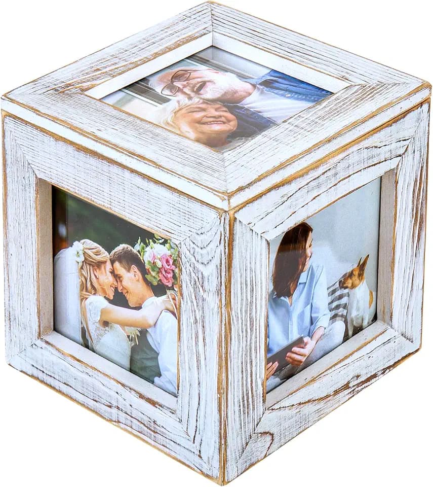 MyGift 5 Inch Shabby White Washed Wood Mini Photo Cube and Hidden Keepsake Gift Box, Decorative Table Centerpiece Wooden Picture Holder Frame, Display Five Square Photos up to 3.5”