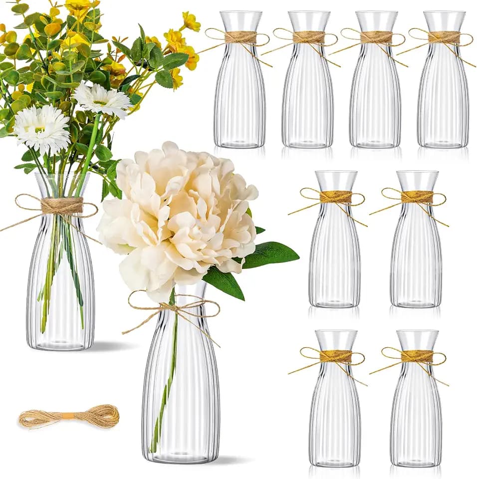 10 Pcs Plastic Bud Vases Bulk with Twine Ropes,Transparent