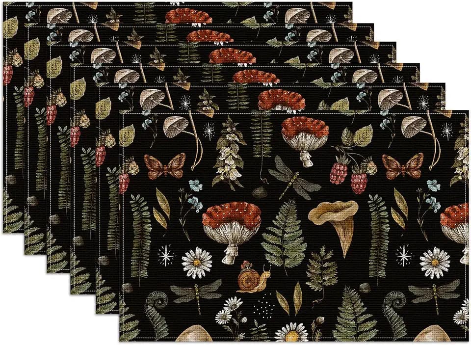 Black Mushroom Placemats Set of 6,12x18 Inch Linen Place Mat Washable Stain Resistant Table Mats for Spring Summer Seasonal Farmhouse Kitchen Party Home Decor