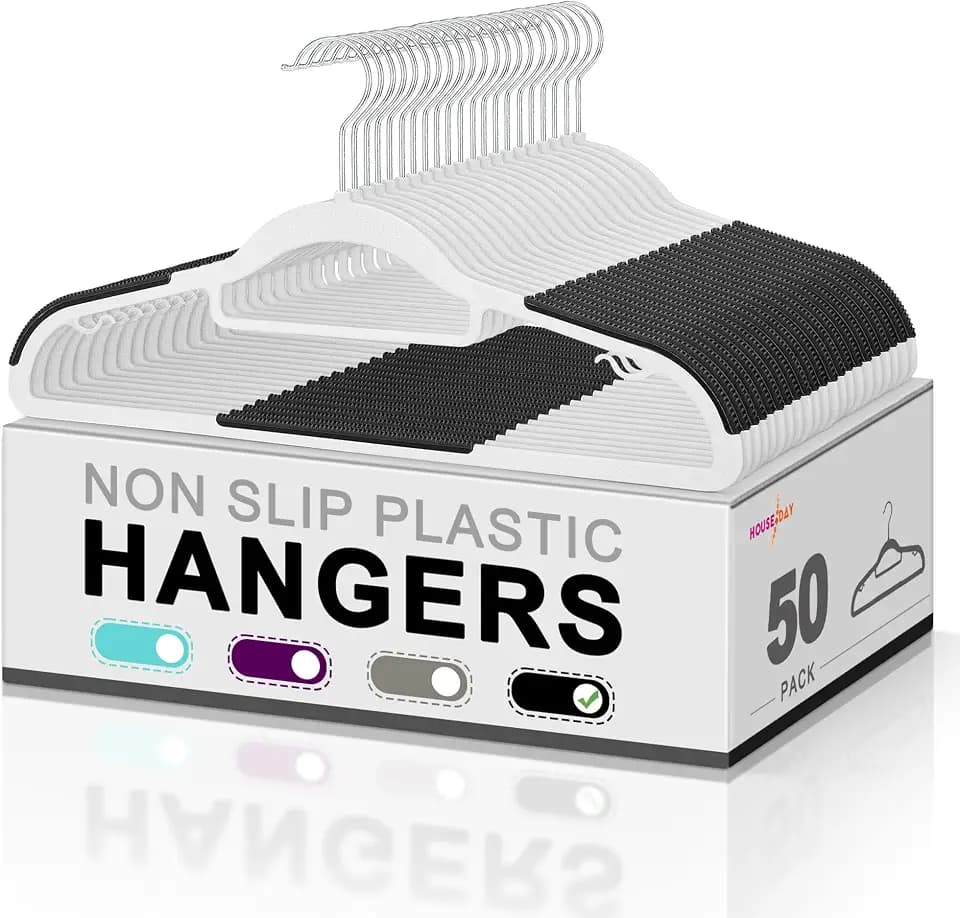 HOUSE DAY Plastic Hangers 50 Pack, Plastic Clothes Hangers Non Slip with Rubber Grip, Heavy Duty Coat Hanger with 360º Swivel Hook, Ultra Thin Hanger Space Saving Closet Organizer - White and Black