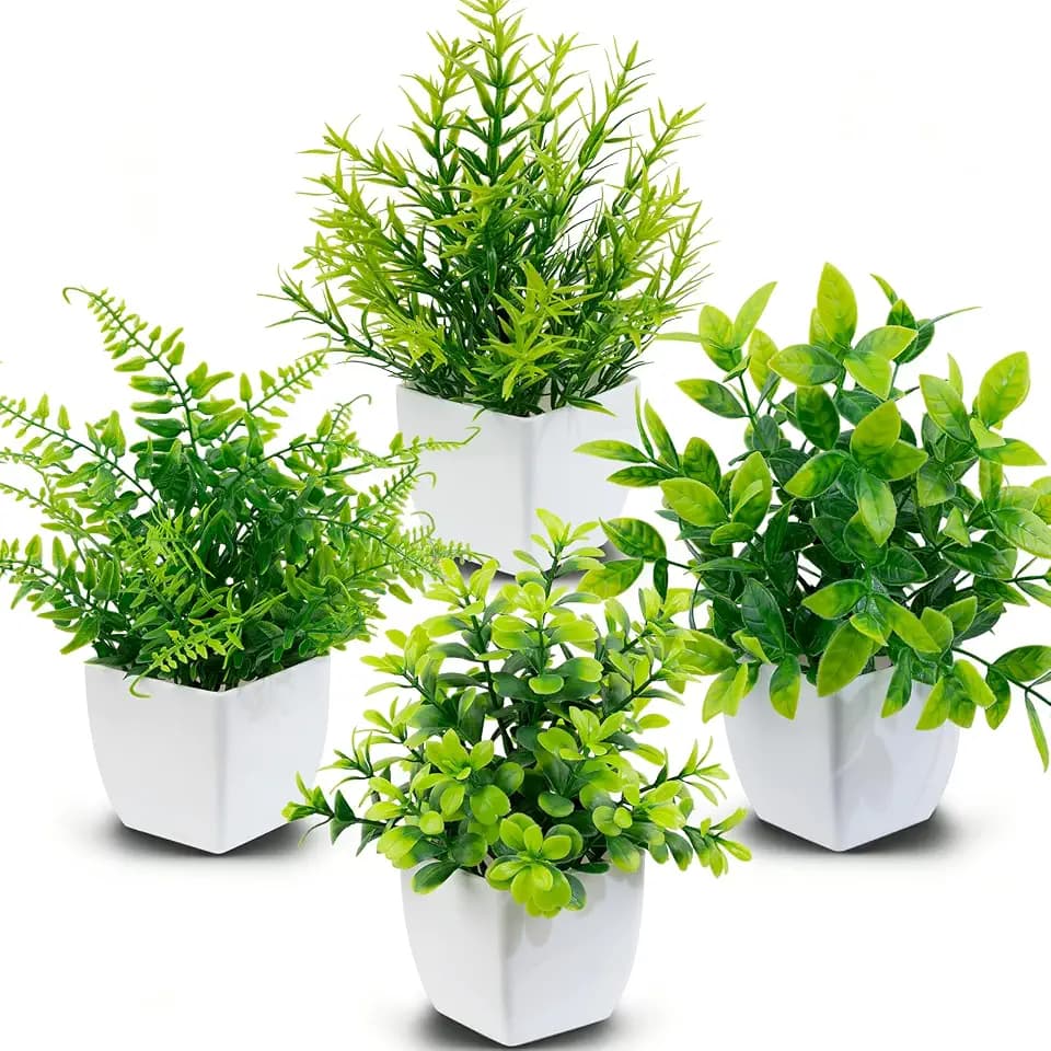 4 Pack Small Fake Plants, Mini Assorted Artificial Potted Faux Greenery with White Pots, Indoor Decorative Plants for Bathroom Home Office Desk Table Kitchen Shelf Decoration