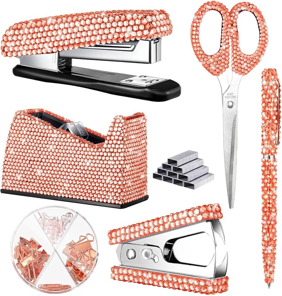 Demissle 6 Pcs Bling Office Desk Accessories Crystal Kit, Rose Gold