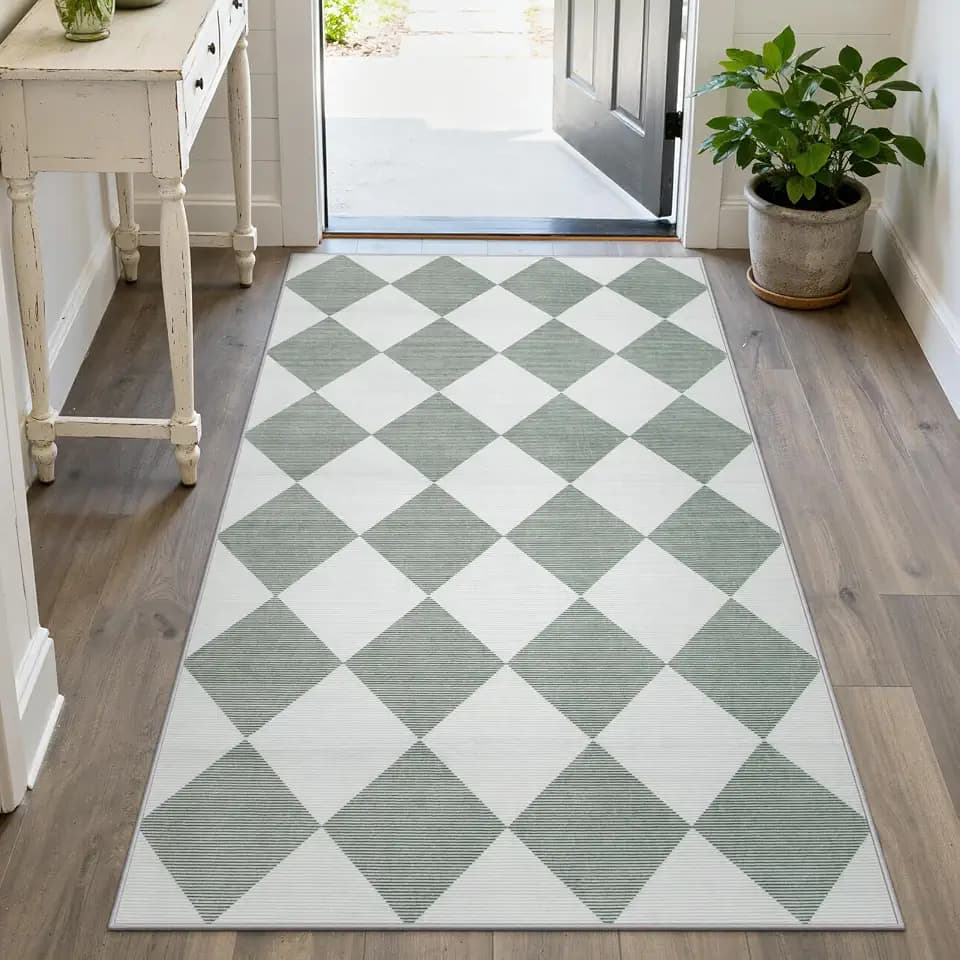 Beeiva Checkered Print 3x5 Washable Rug for Entryway, Non Slip Soft Small Bedroom Rug 3x5 Ultra Thin Moroccan Bathrooom Decor, Gingham Plaid Carpet for Laundry Entry Kitchen Nursery (Green/White)