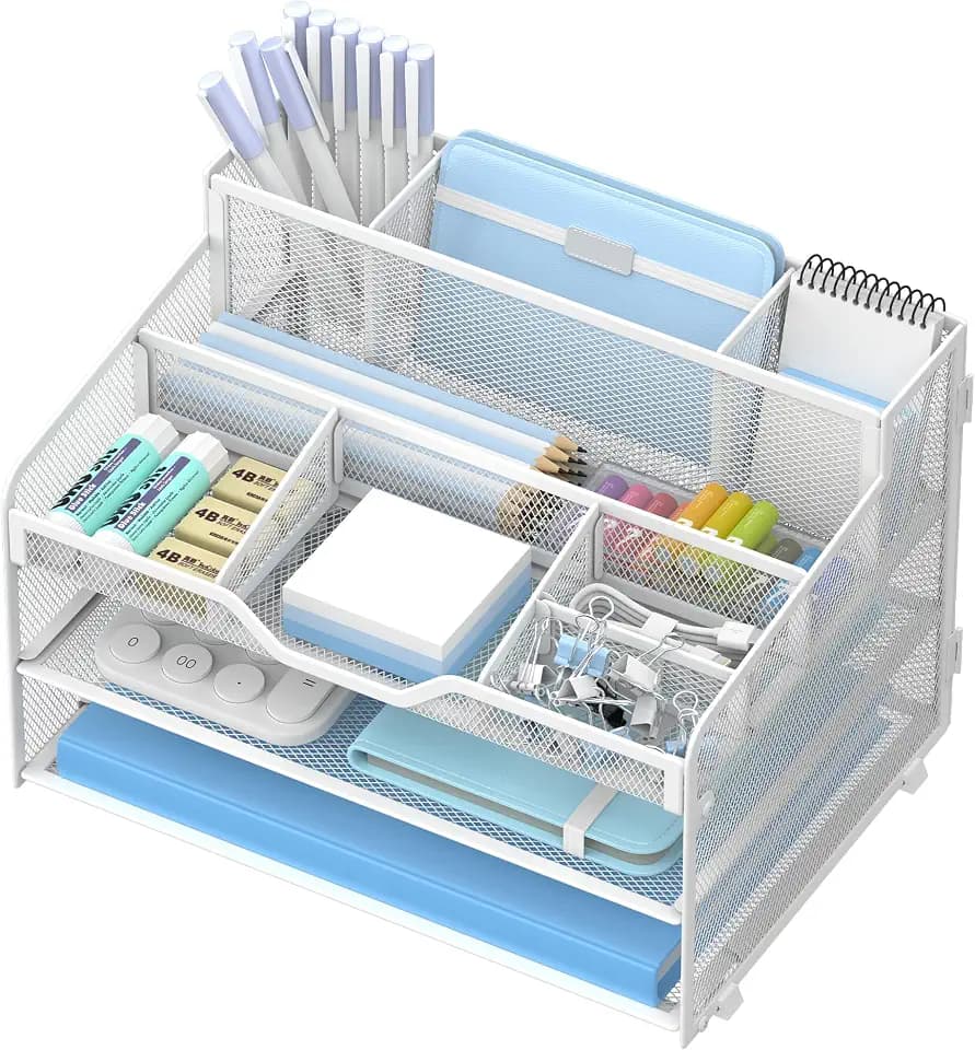 3 Tier Mesh Paper Desk Organizer with Pen Holders, White
