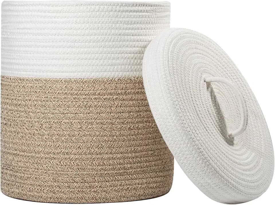 Lidded Storage Basket, Medium Brown & White Cotton Rope Basket