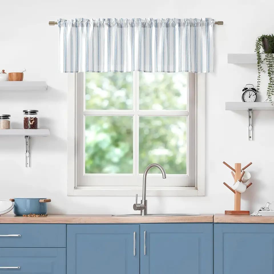 ZJDECOR Blue White Striped Semi Sheer Kitchen Curtain Valances,55" Wx15 Lx1