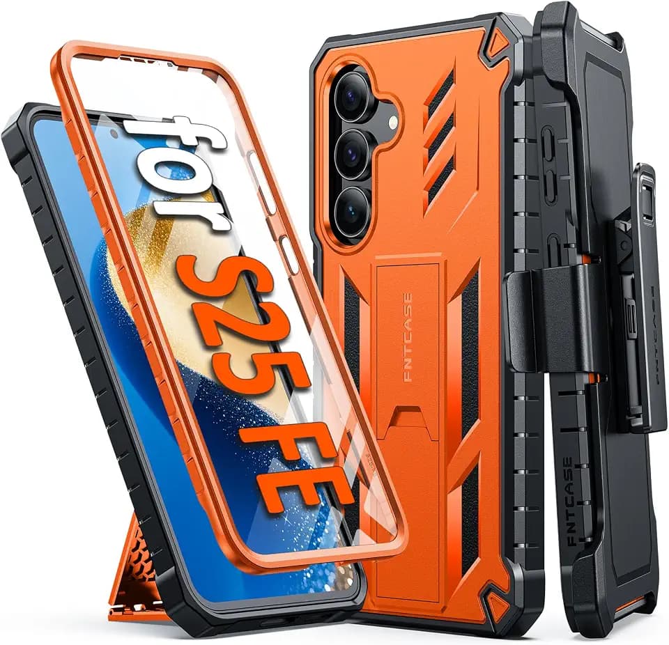 FNTCASE for Samsung Galaxy S25-FE Case with Belt Clip and Kickstand Orange
