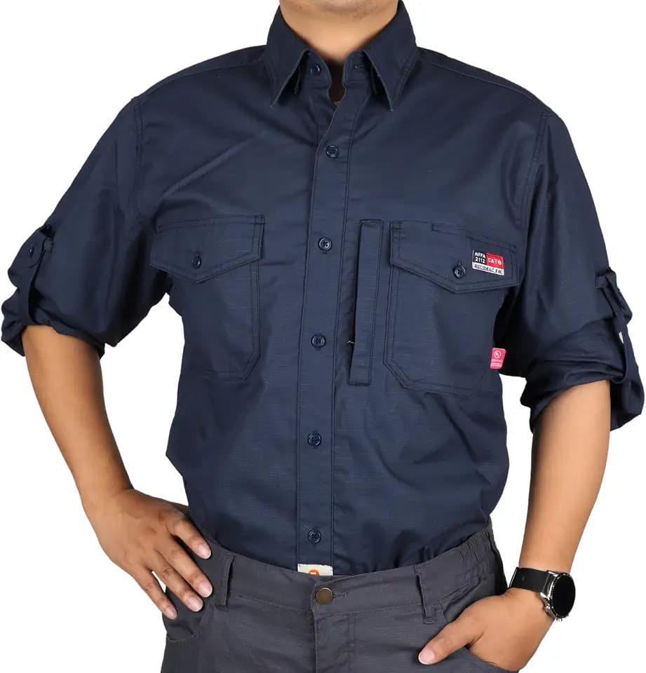 BOCOMAL FR Shirts 6oz Button Down Ripstop Rugged Stretch Roll-up Zip Pocket