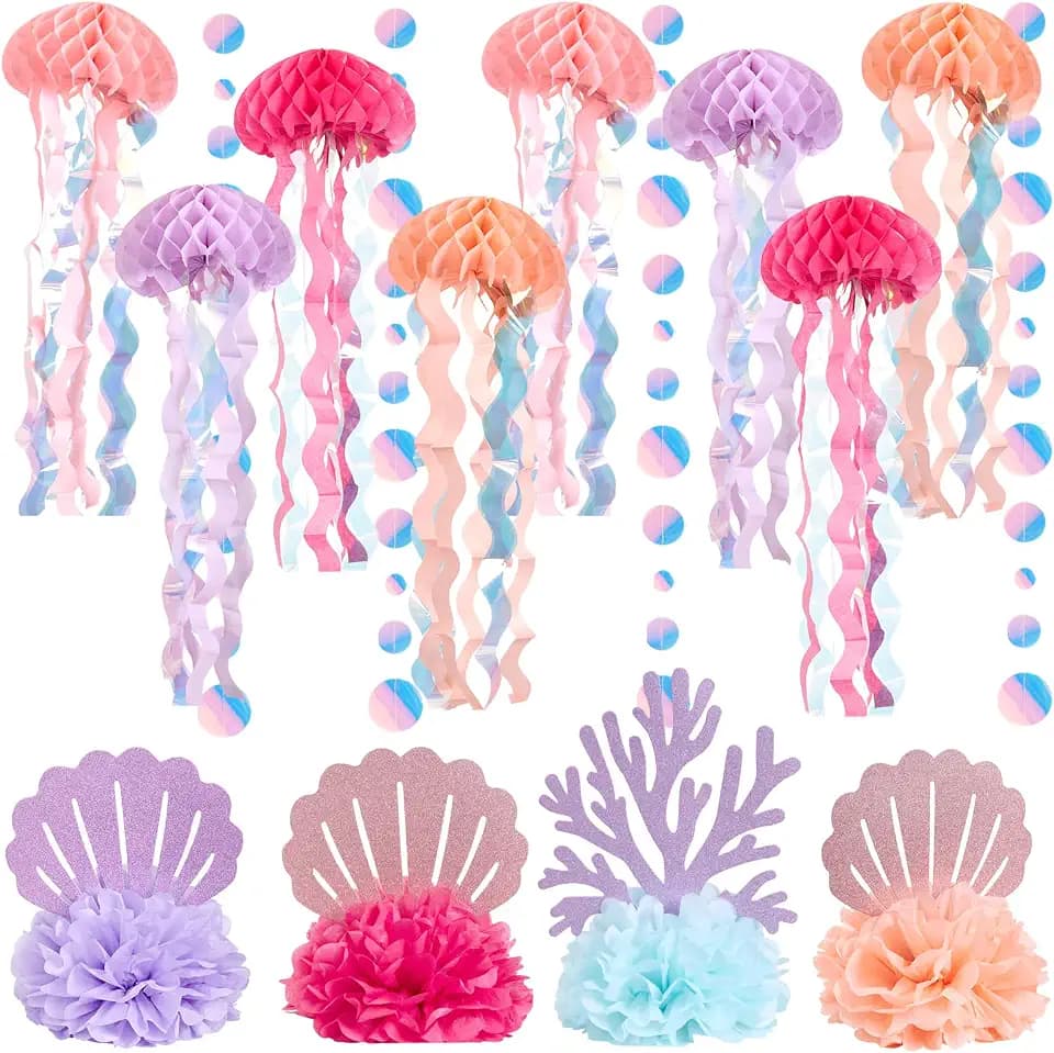 OBBOLO Under The sea Party Decorations, 16 Pcs Pink Jellyfish Honeycombs, Coral Table Centerpieces and Bubble Garlands, for Mermaid Birthday, Purple Paper Hanging Jellyfish Ocean Themed Birthday Party