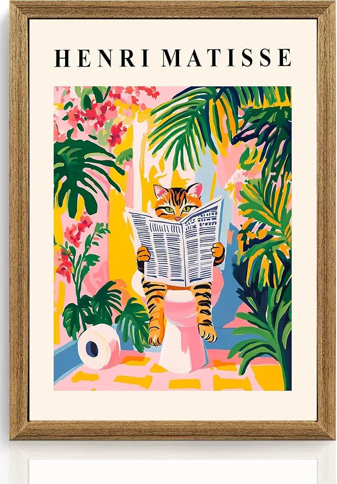ICHZUMW Framed Funny Tabby Cat Matisse Canvas Bathroom Wall Art, 12x16 In