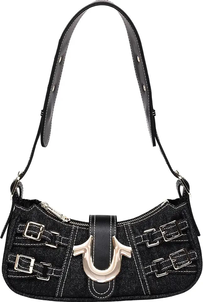 True Religion Denim Shoulder Bag, Everyday Purse with Adjustable Strap, Zip and Magnetic Snap Closure